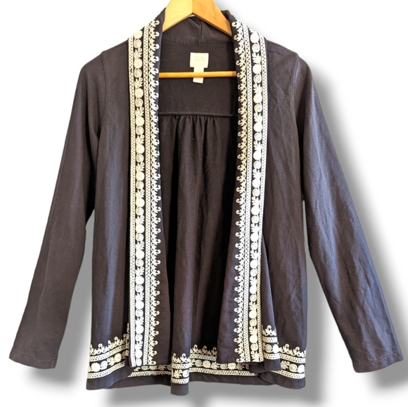 Lucky Brand Boho Embroidered Cardigan Jacket Blazer Sweater Medium Black Cream - Picture 1 of 13